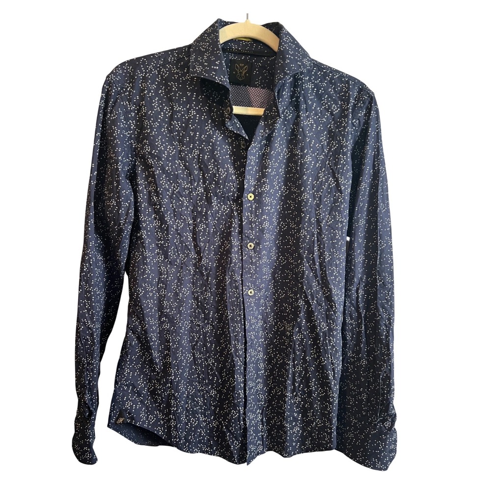 Rare Rabbit Mens Navy Blue White Geometric Print Long Sleeve Button Down Shirt S